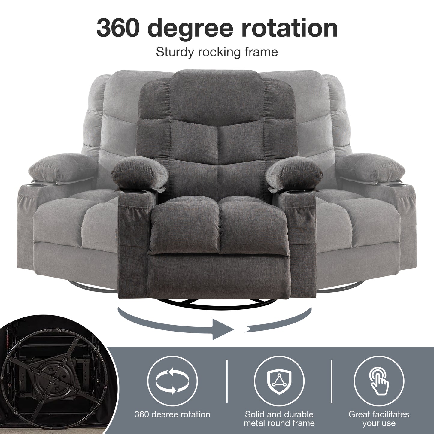 Dark grey fabric recliner chair with  degree rotation feature