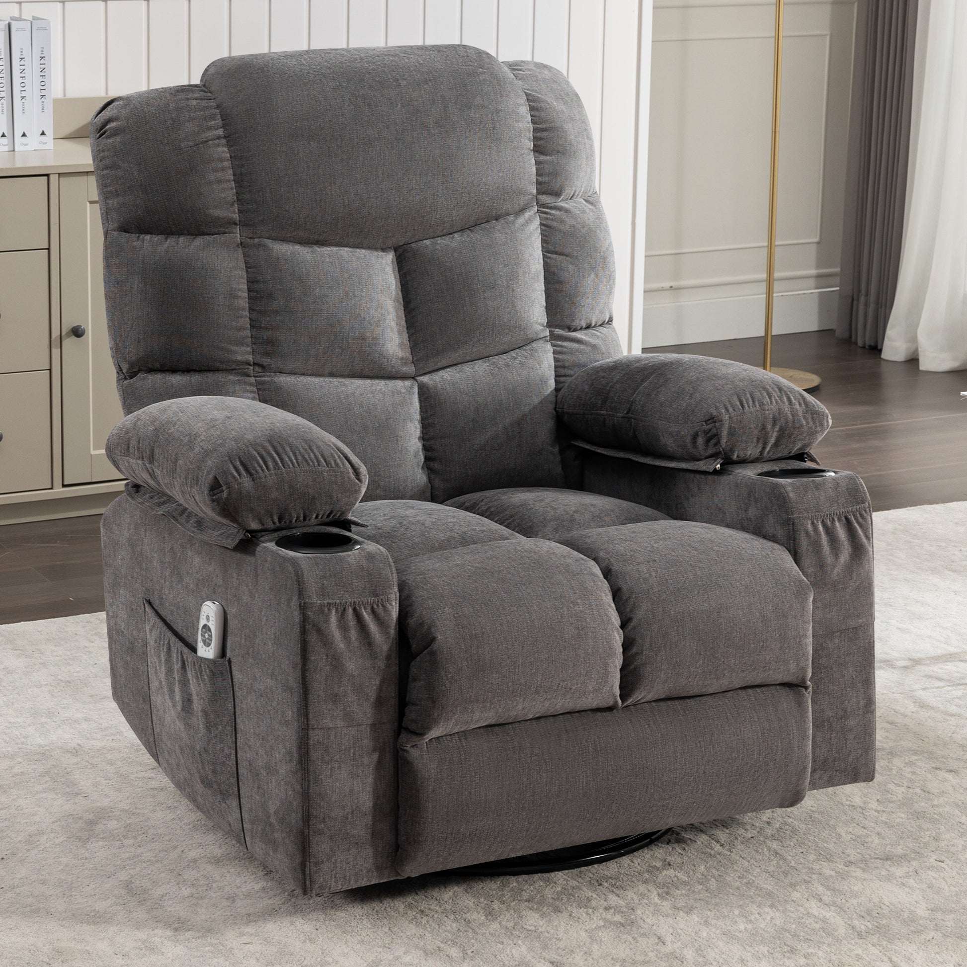 Comfortable gray fabric recliner chair with cup holders and side pocket
