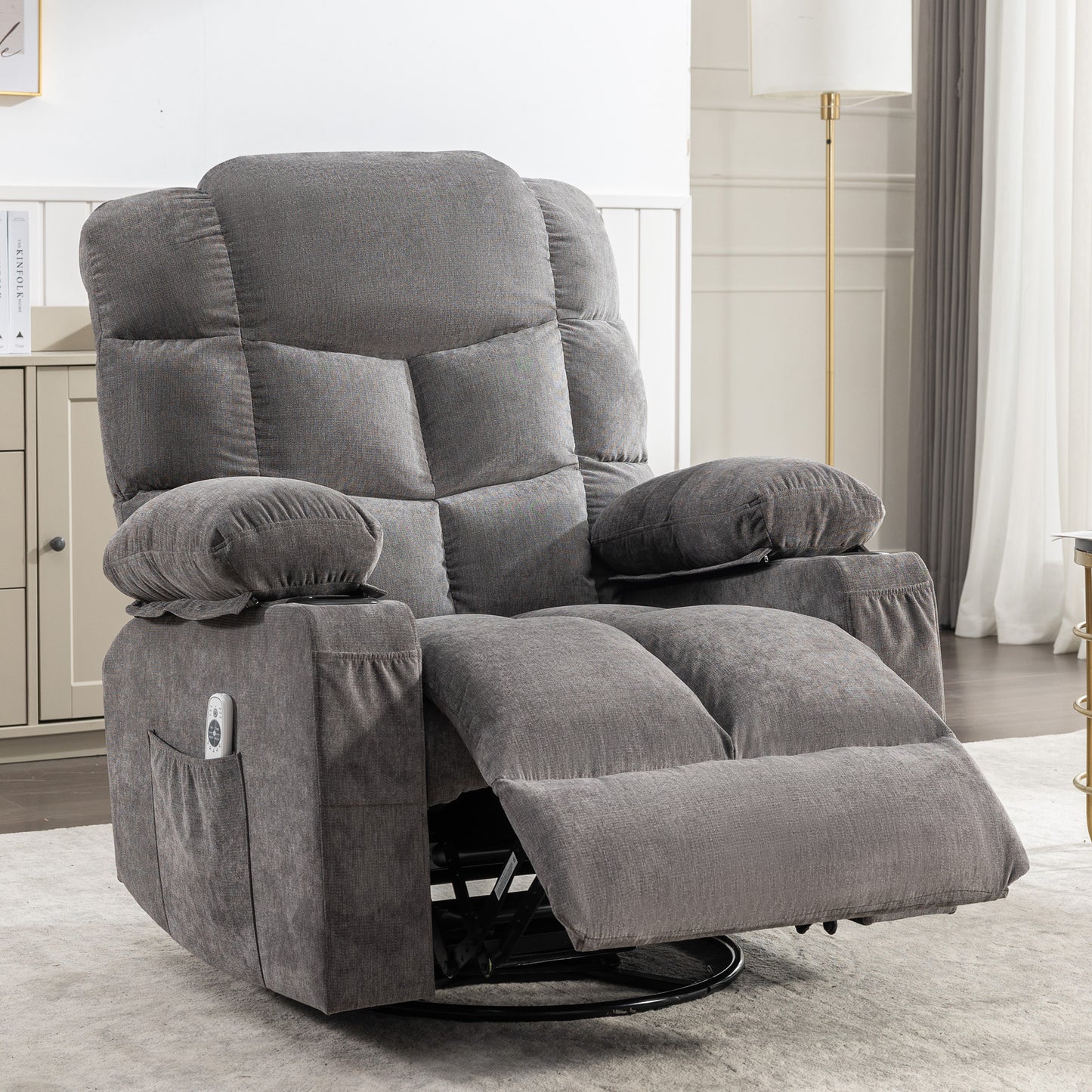 Plush gray fabric recliner chair with adjustable footrest and side pocket for remote