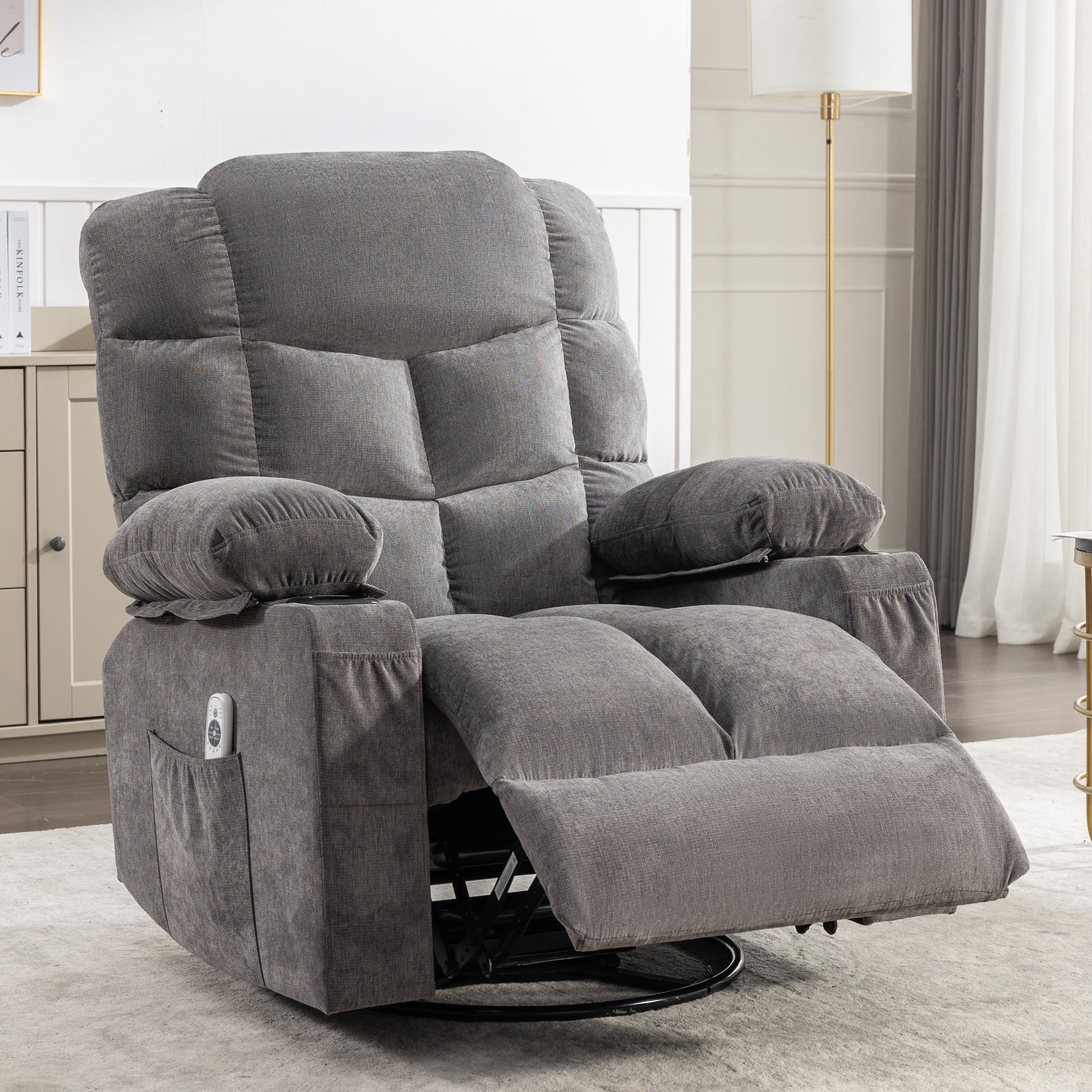 Plush gray fabric recliner chair with adjustable footrest and side pocket for remote
