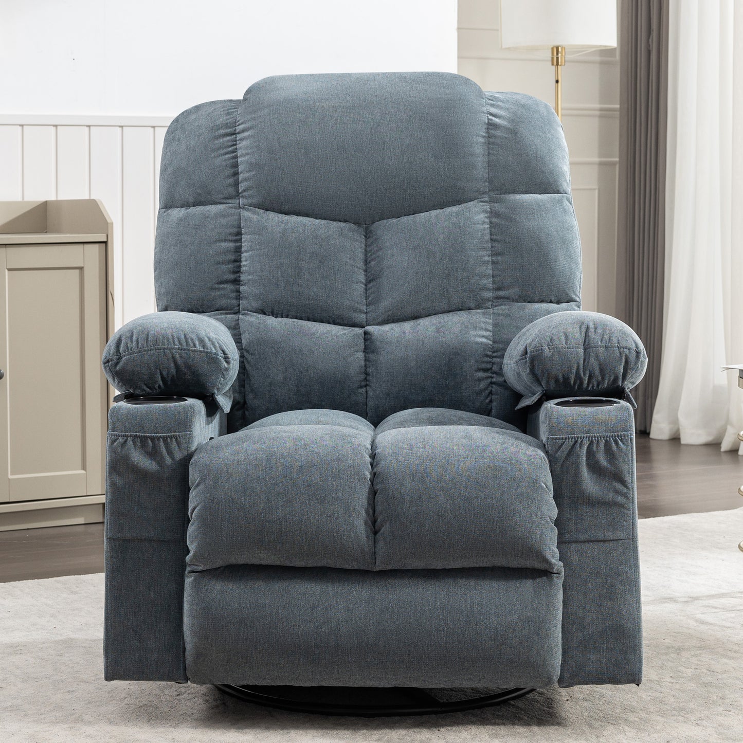 Comfortable grey fabric recliner chair with builtin cup holders and side pockets