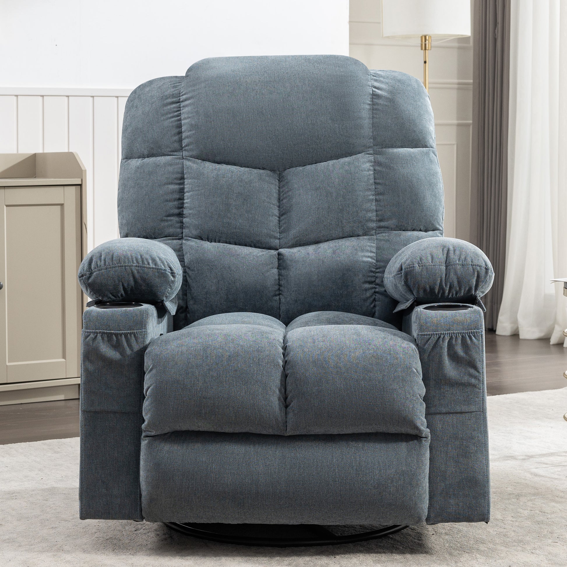 Comfortable grey fabric recliner chair with builtin cup holders and side pockets