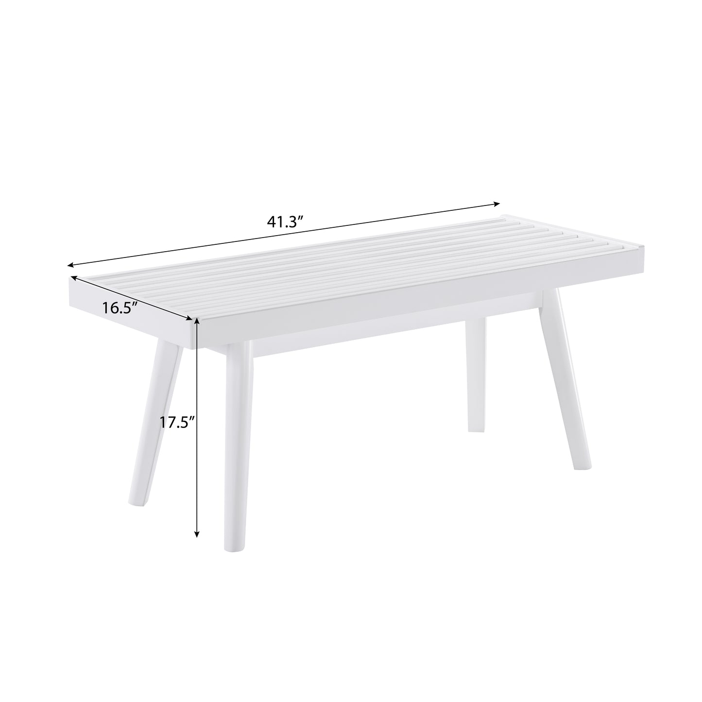 White wooden slat bench with tapered legs