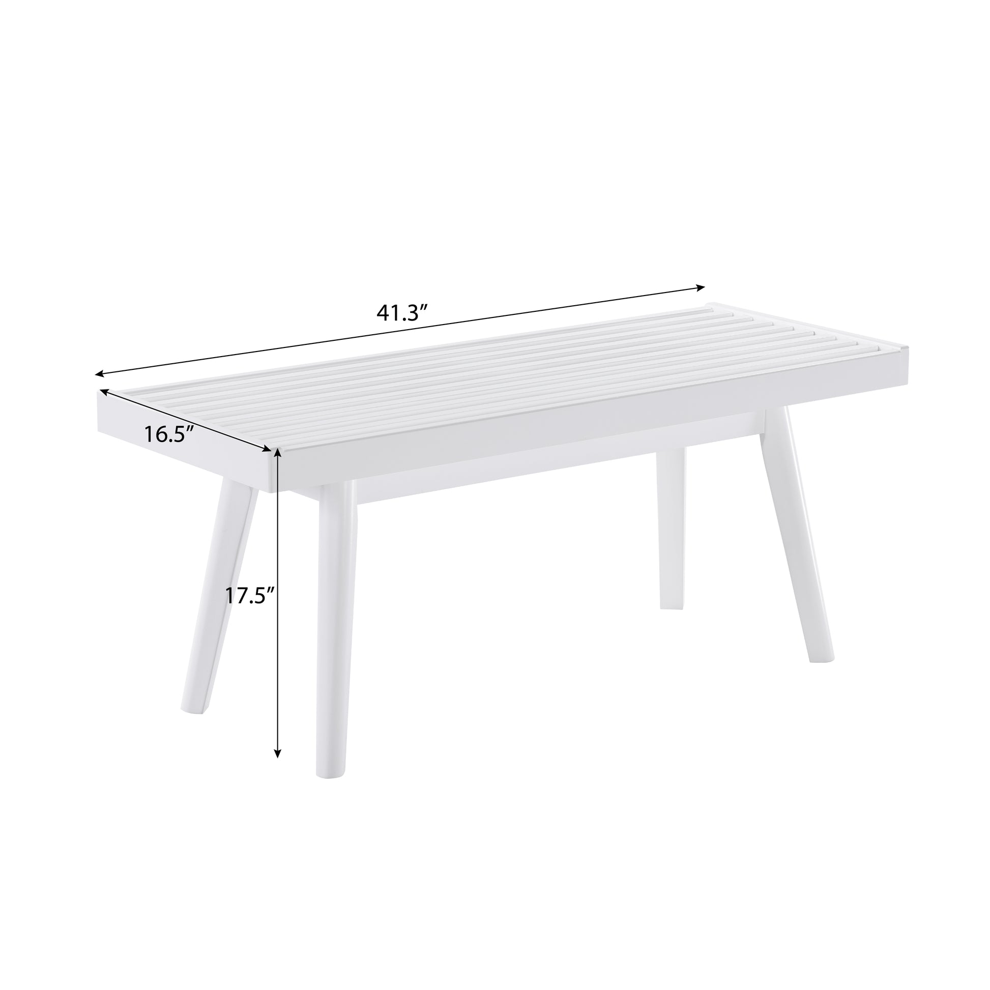 White wooden slat bench with tapered legs