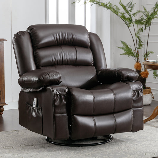 Brown leather swivel recliner with plush cushioning and integrated side pocket