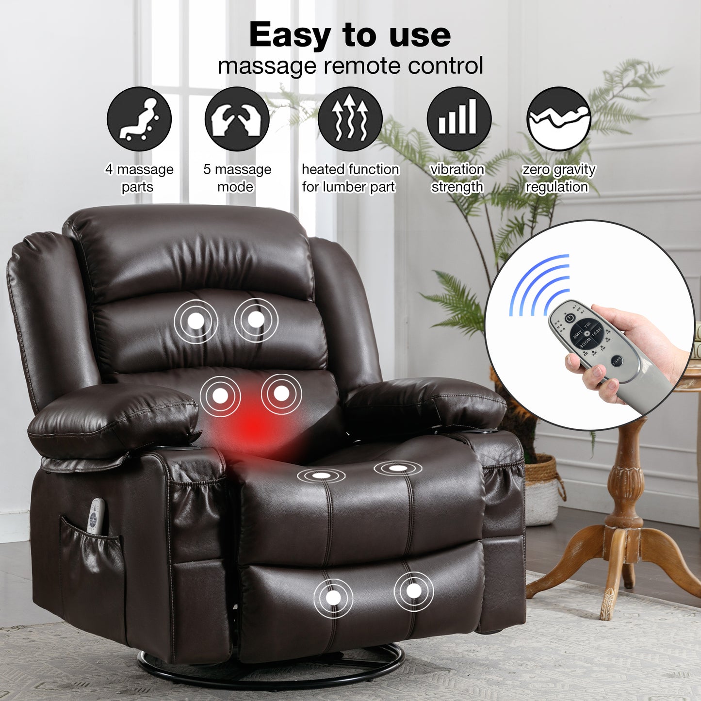 Brown leather recliner with  massage parts and  modes for ultimate relaxation