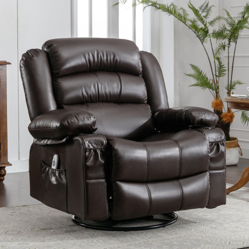 Brown leather swivel recliner chair with plush cushioning and side pocket storage