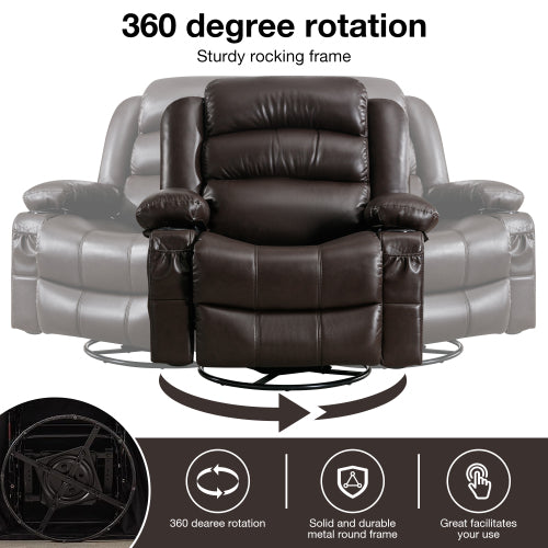 Dark brown leather recliner chair with degree rotation capability