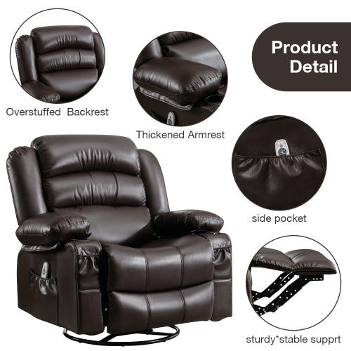 Brown leather recliner chair with overstuffed backrest and padded armrests