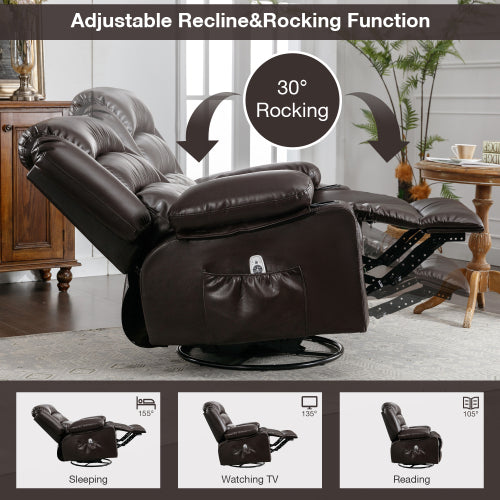 Brown leather recliner chair with adjustable rocking and reclining functions for comfort