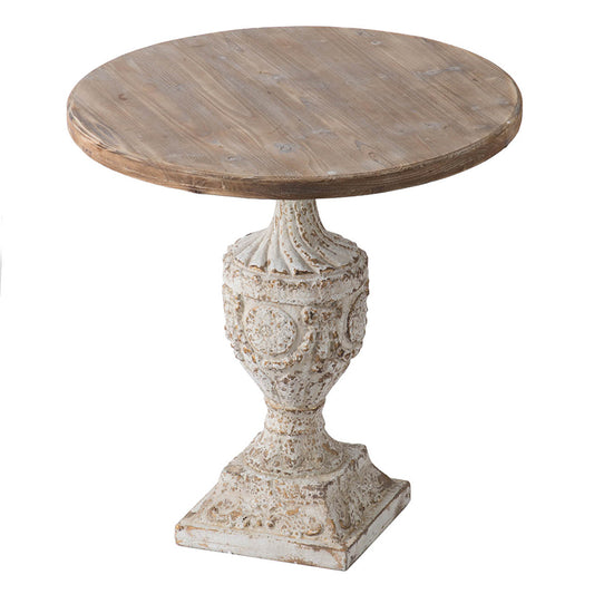 Round reclaimed wood top end table with ornate antique white pedestal base