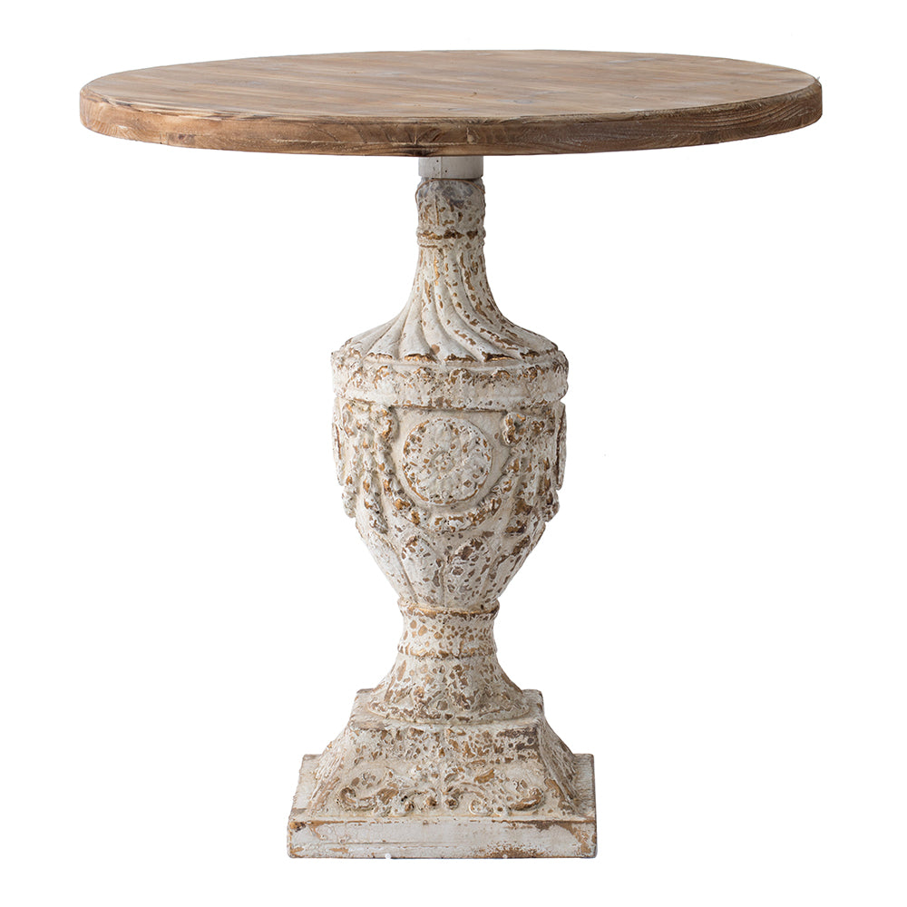 Ornate carved pedestal side table with distressed white finish and natural wood top