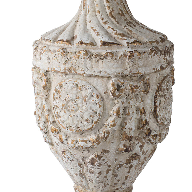 Ornate distressed white and gold ceramic vase with textured carvings