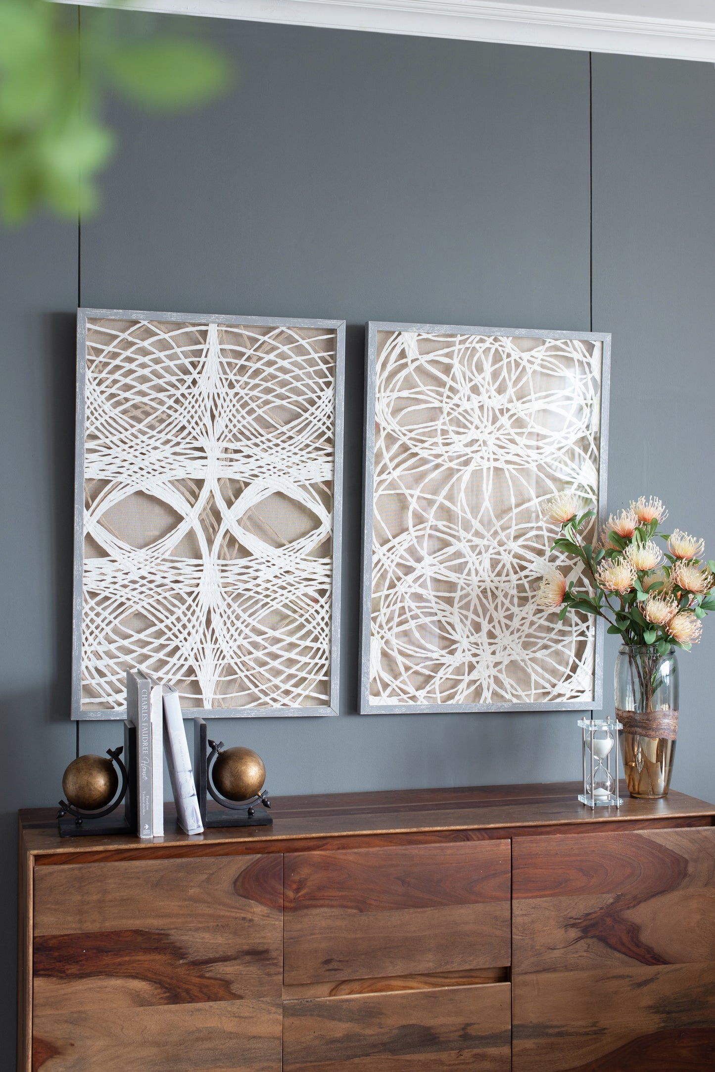 White abstract string art wall decor geometric pattern textured backdrop modern home accent