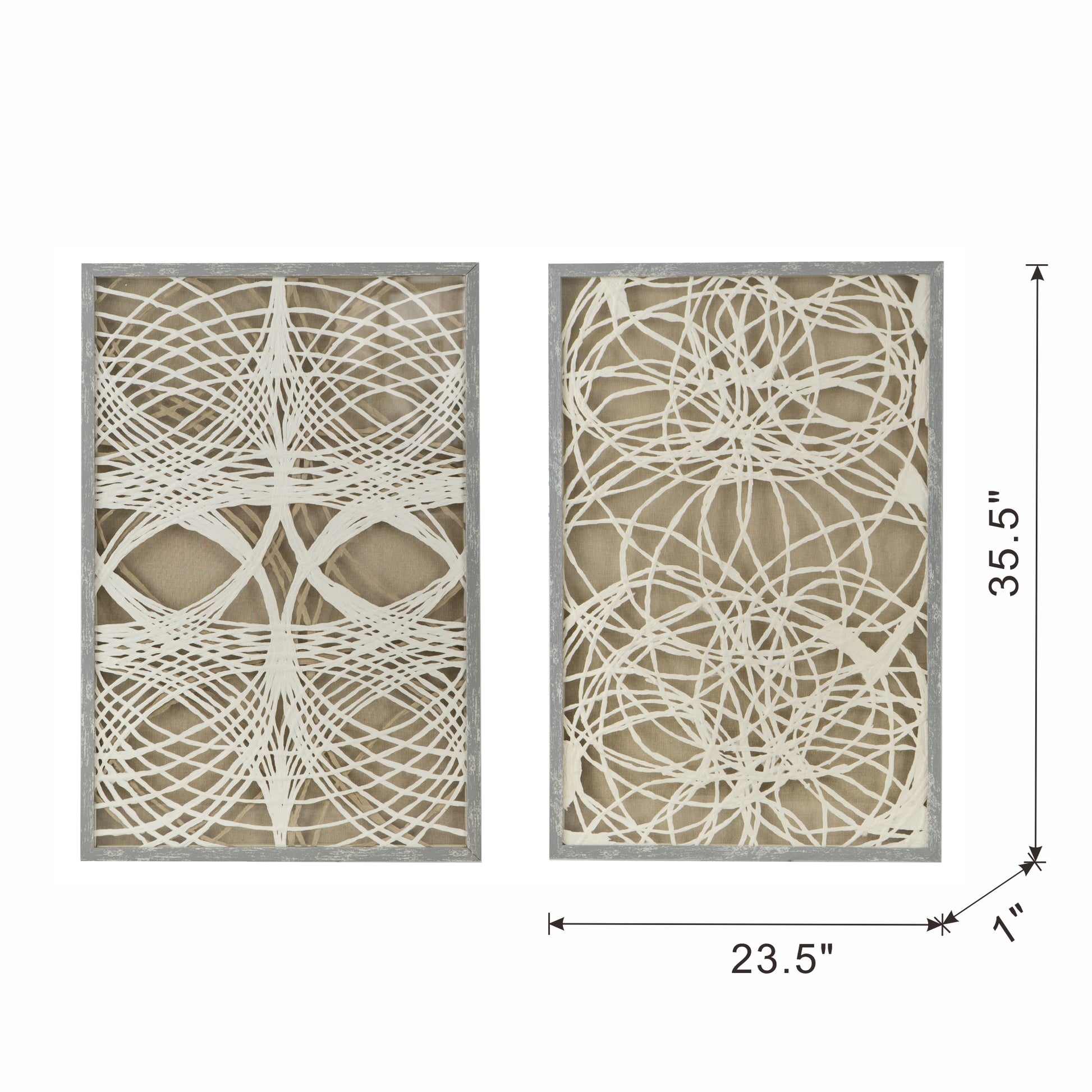 Set of two abstract carved wood wall art panels with distressed gray frames featuring white linear designs