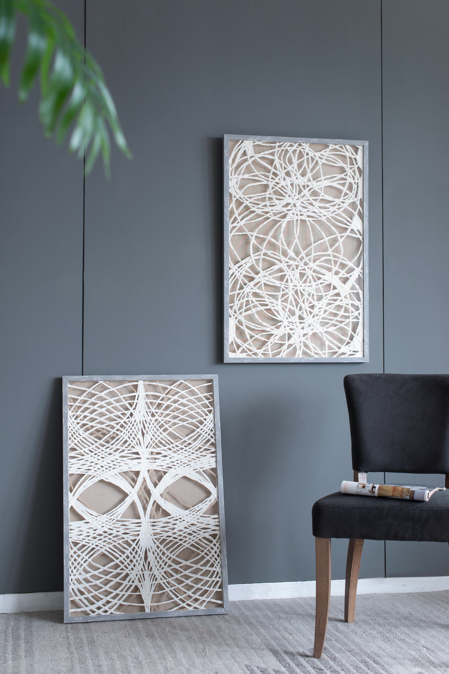 Textured white thread wall art in a grey frame abstract design