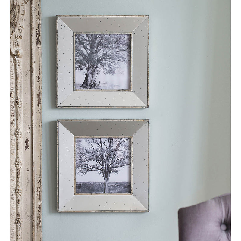 Two square decorative wall frames with speckled mirrored borders holding black and white tree prints