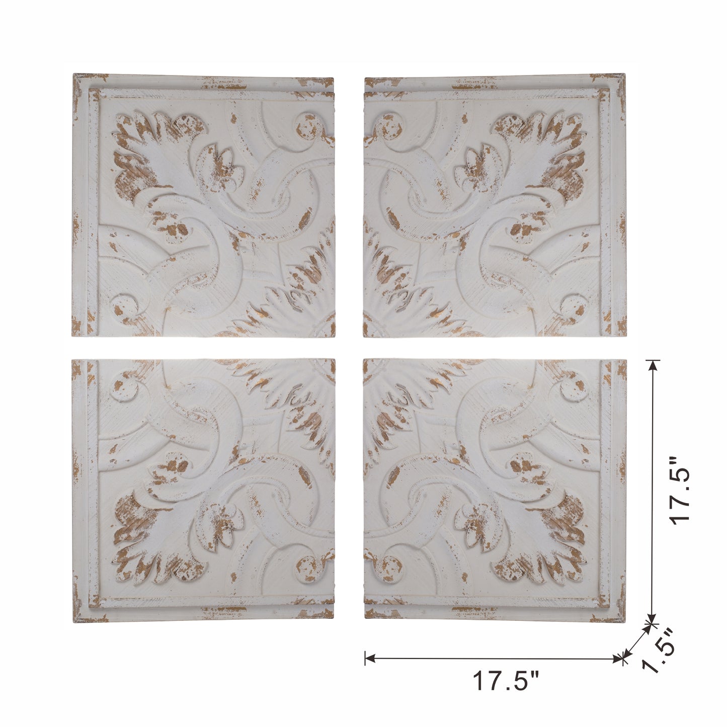 Four distressed white decorative wall panels with ornate floral carvings