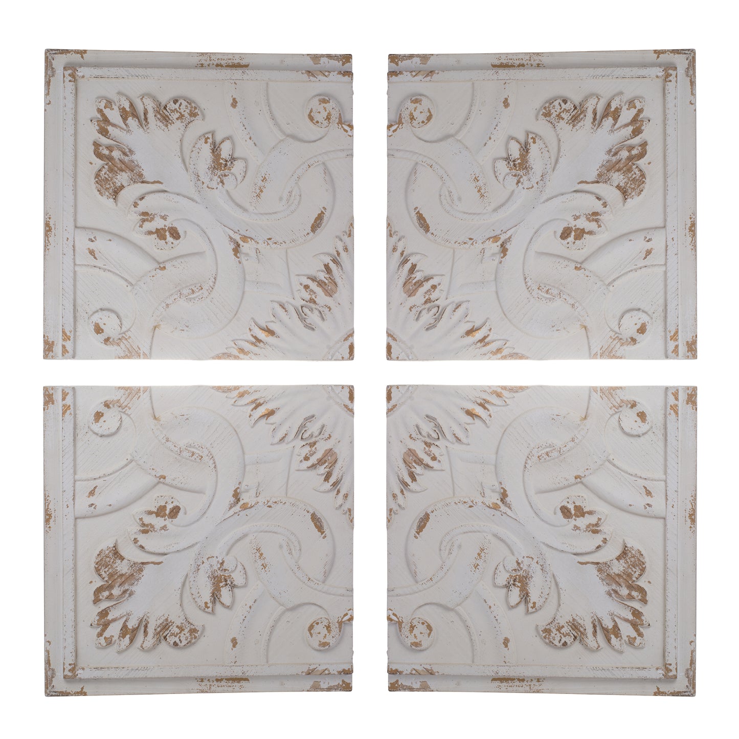 Four distressed white wood decorative panels with ornate scrolling floral patterns