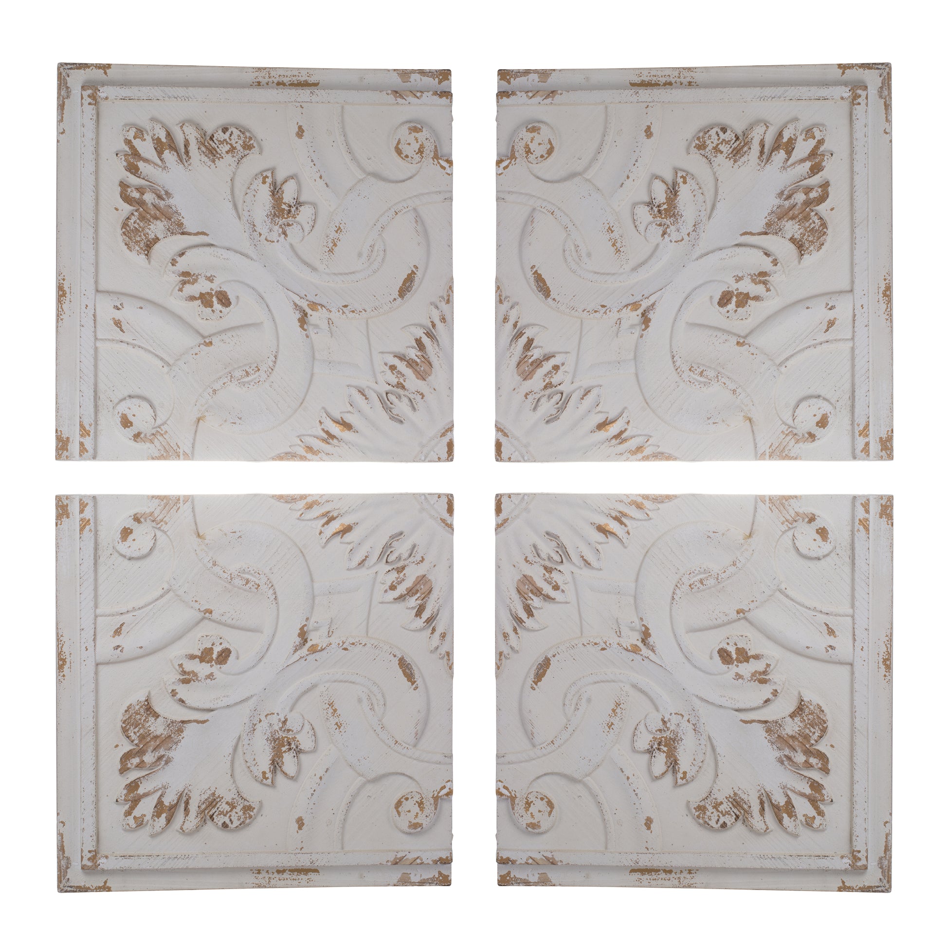 Four distressed white wood decorative panels with ornate scrolling floral patterns