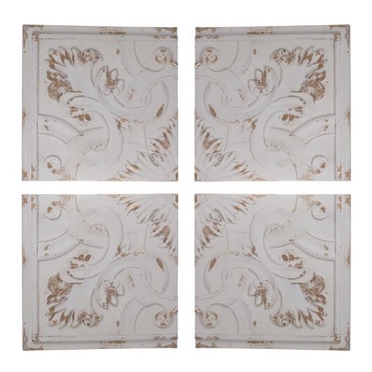 Four distressed white wood decorative panels with ornate scrolling floral patterns