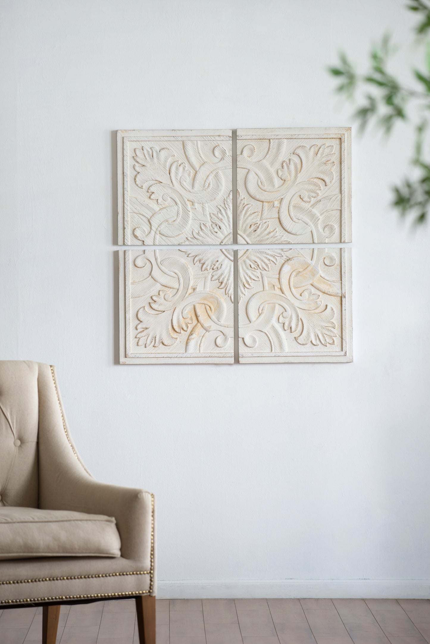 Vintage ornate wall decor panel distressed white carved wood boho accent piece