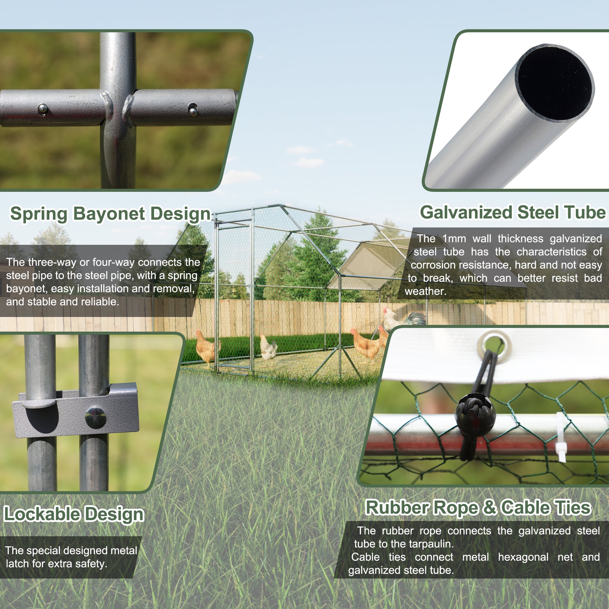 Closeup of spring bayonet design connecting metal pipes for a chicken coop frame