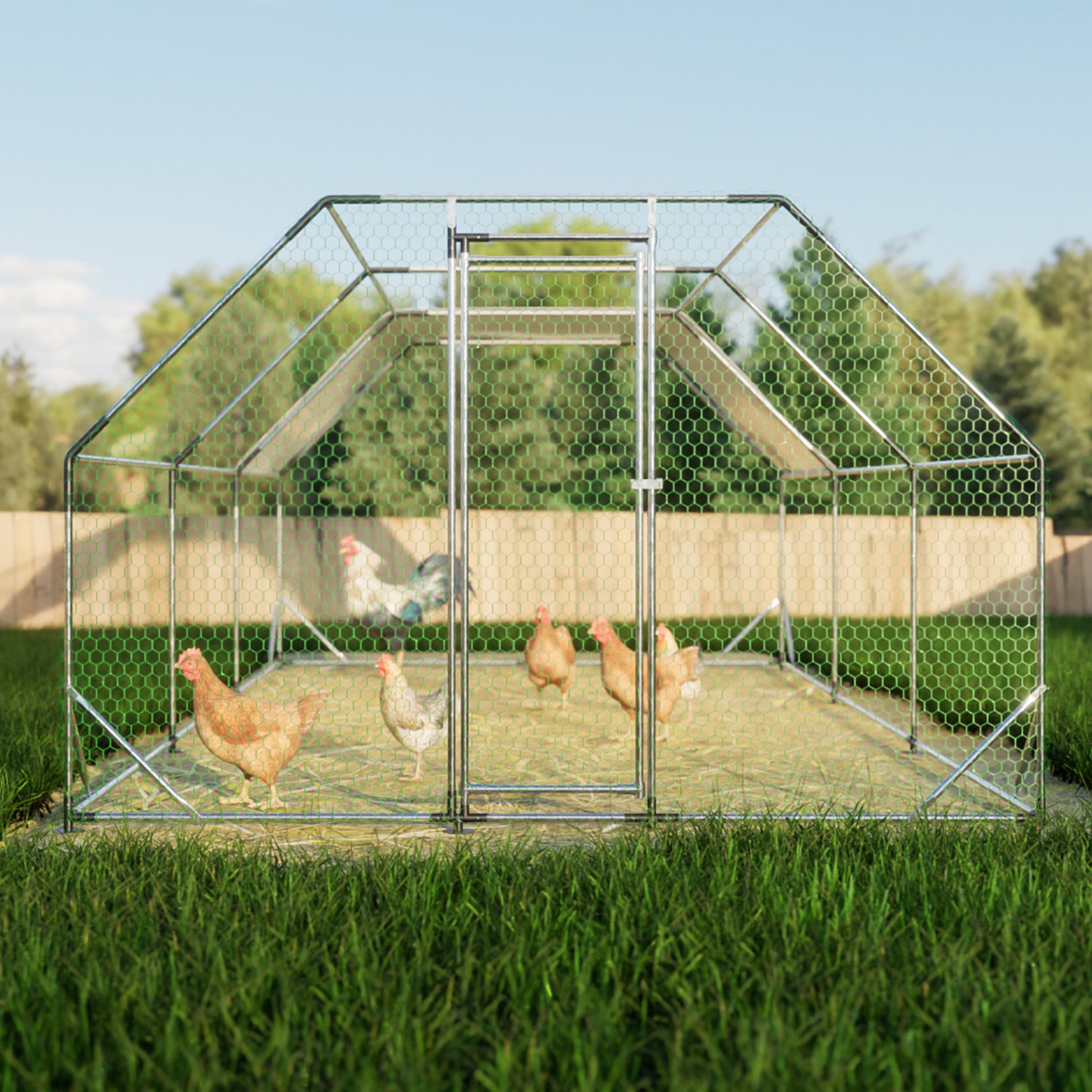 Large hexagonal wire chicken coop with metal frame and multiple chickens inside