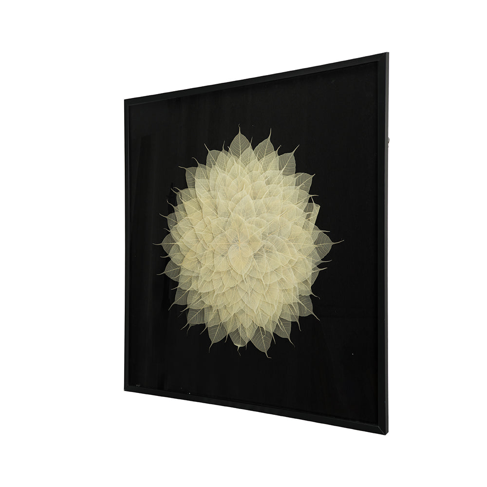 Framed abstract art featuring a circular arrangement of delicate creamcolored leaves on a black background