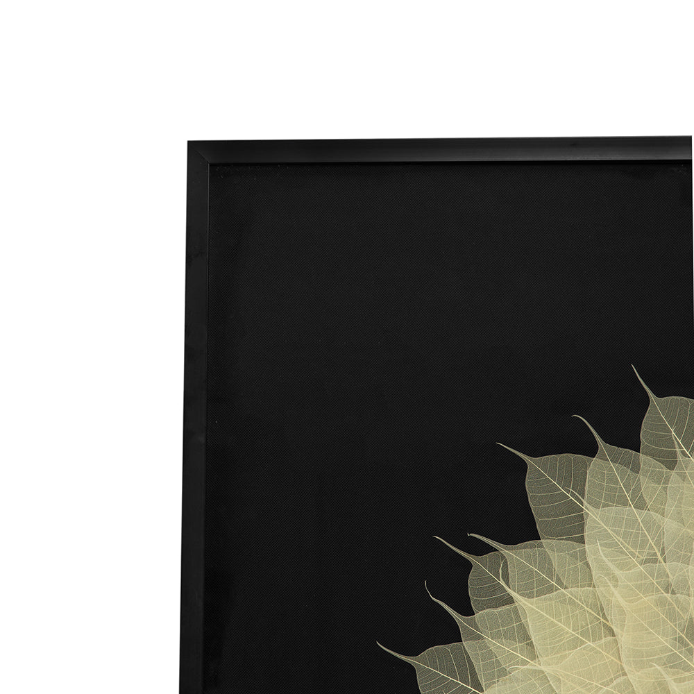 Framed artwork with delicate dried botanical leaves arranged in a radial pattern