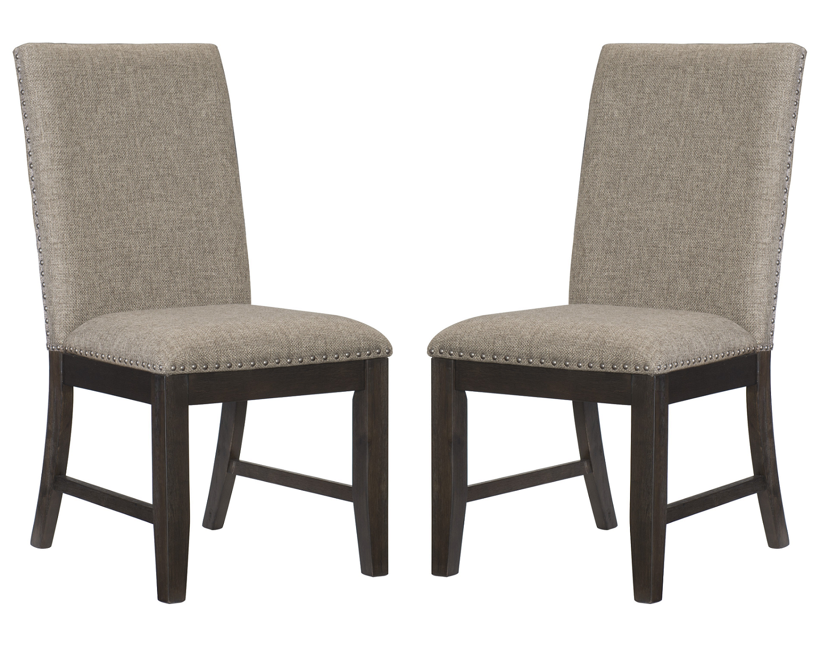 Two beige upholstered dining chairs with dark wood legs and nailhead trim