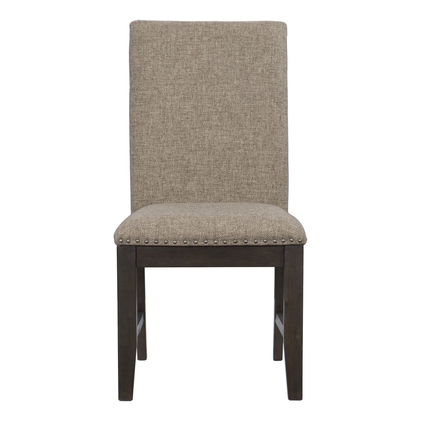 Upholstered dining chair with nailhead trim and dark wood legs