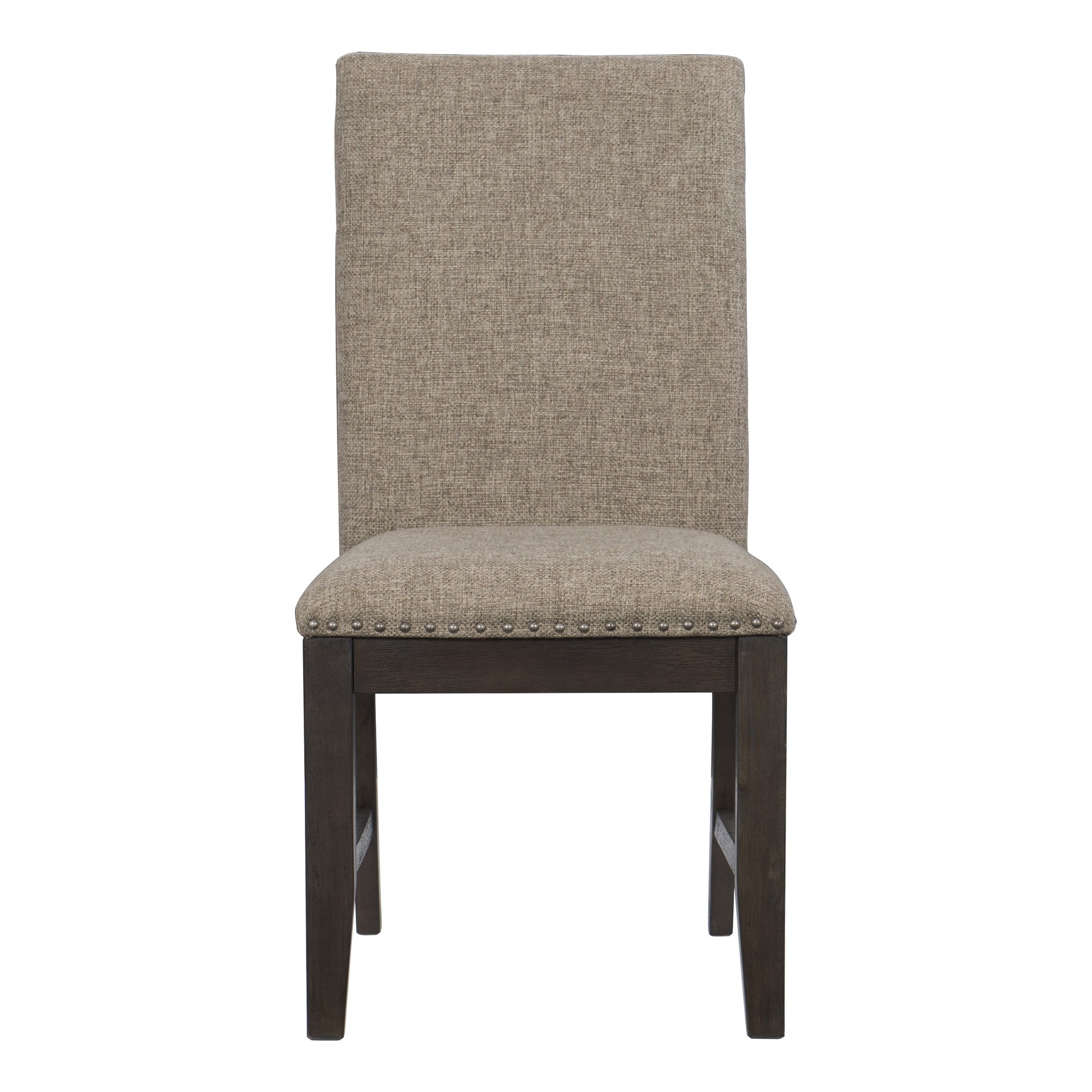 Upholstered dining chair with nailhead trim and dark wood legs