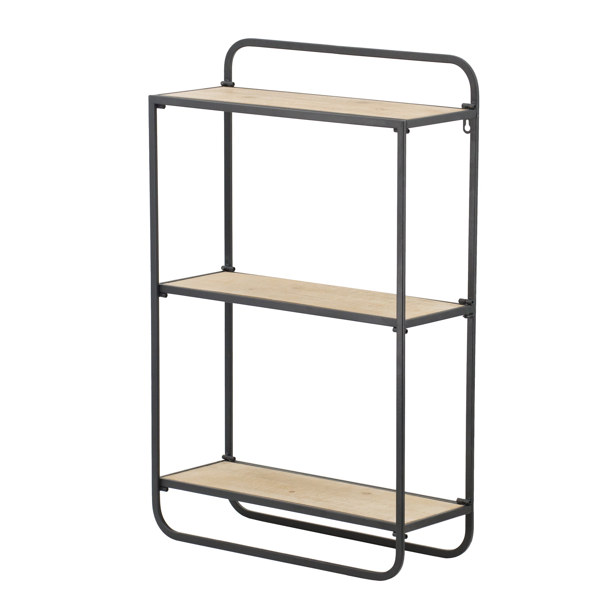 Threetier industrial metal wall shelf with light wood shelves