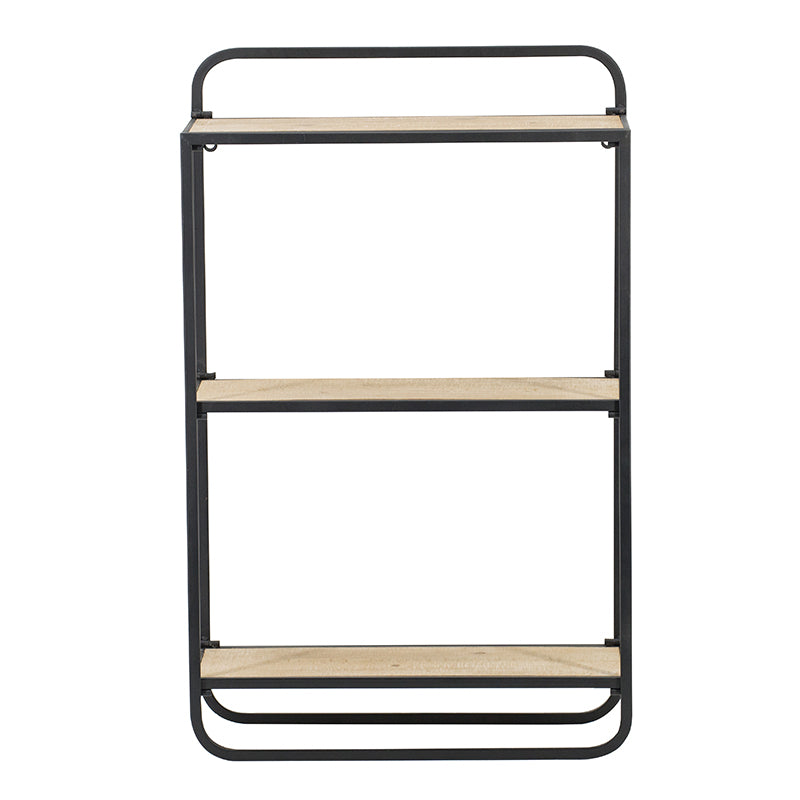 Black metal wall shelf with three wood grain shelves for modern decor