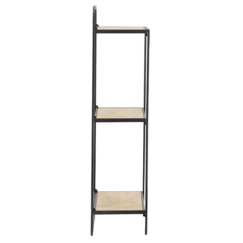 Black metal ladder shelf with three light wood planks perfect for modern decor