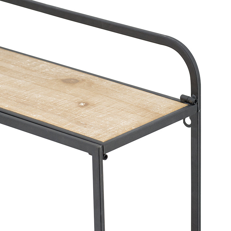 Closeup of a rustic wooden shelf with a black metal frame perfect for farmhouse decor
