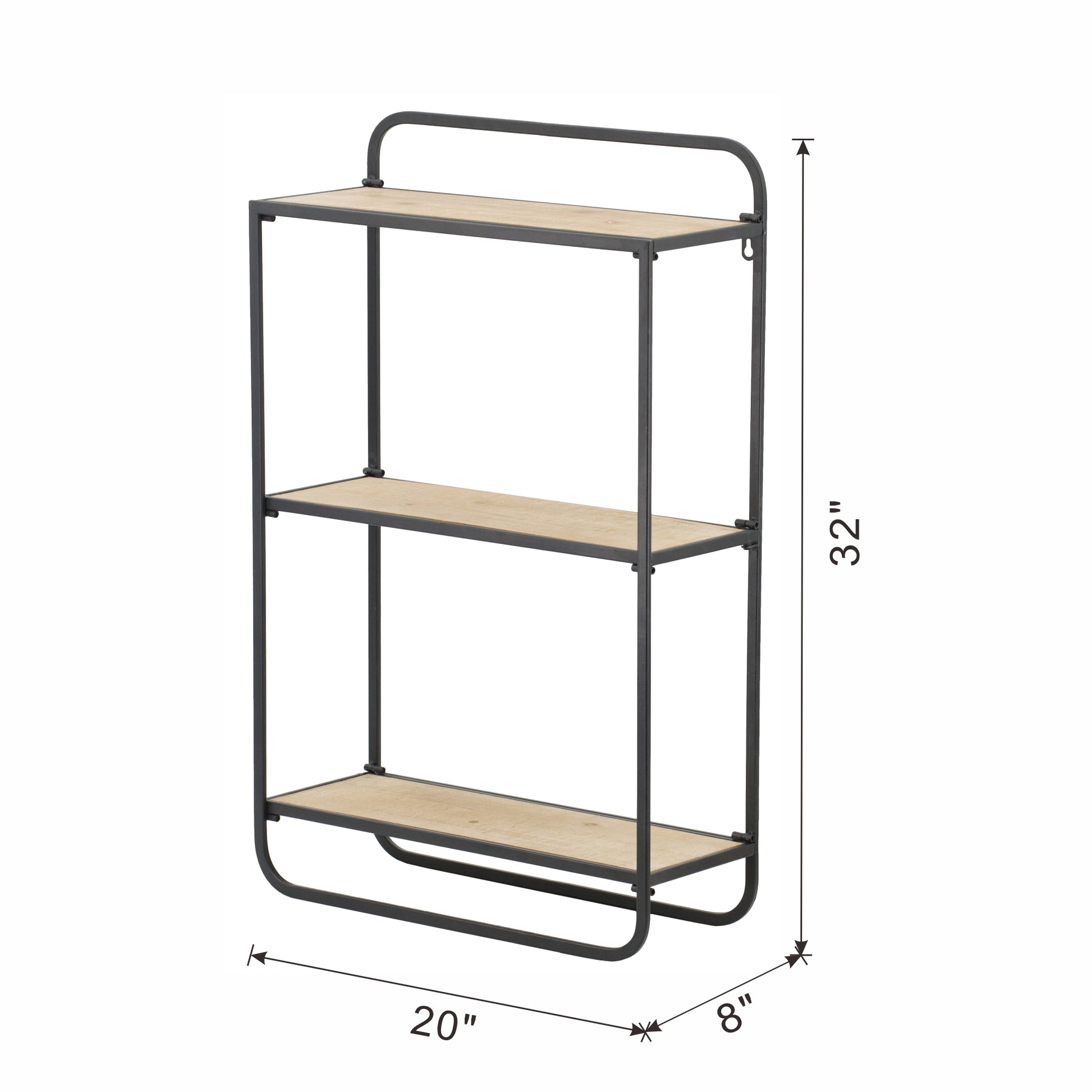 Industrial style tier wall shelf with black metal frame and light wood finish shelves