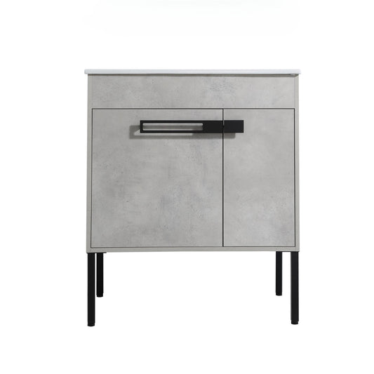 Modern gray concrete effect vanity cabinet with black hardware and legs