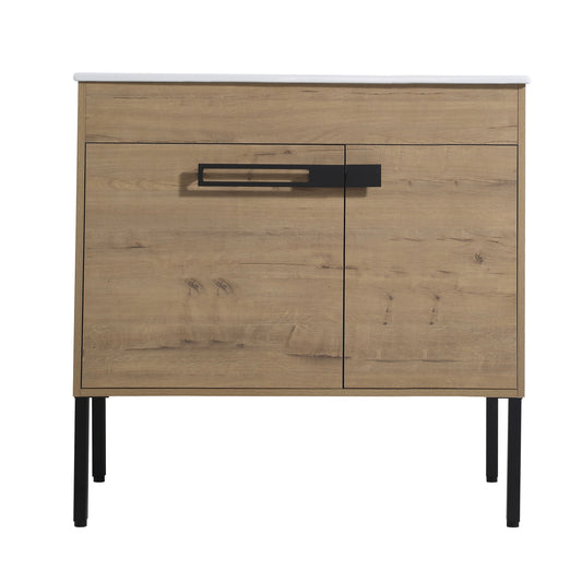 Modern oak veneer vanity with black handles and white marble top