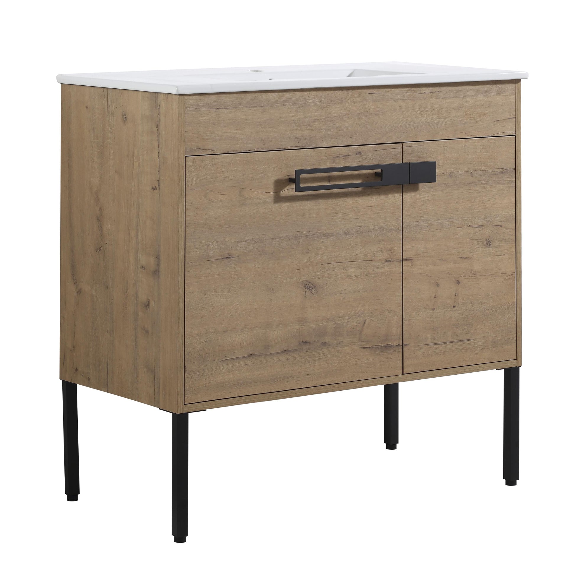 Modern oak veneer bathroom vanity with white ceramic top and black metal legs