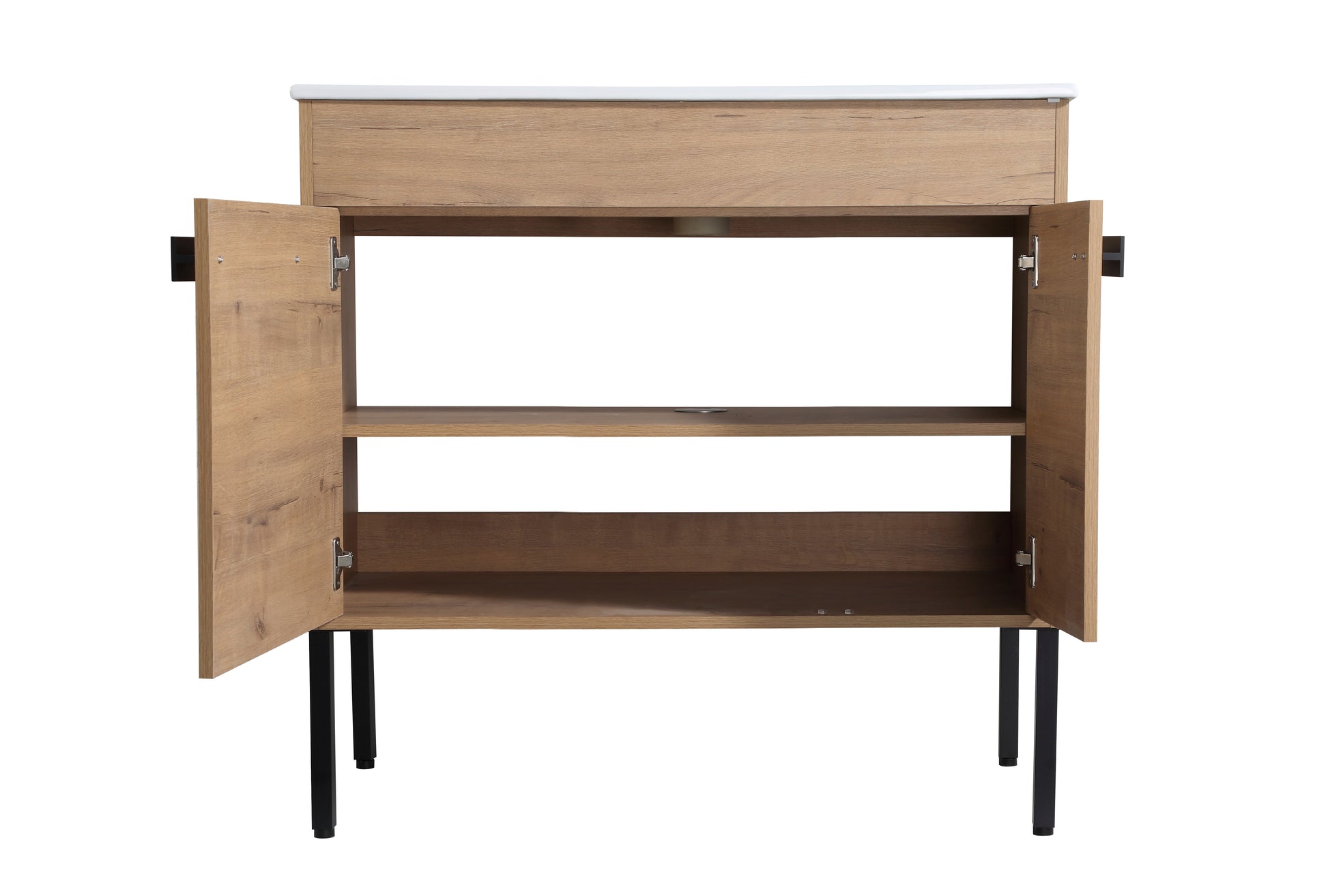 Wooden bathroom vanity with open doors and two shelves black metal legs