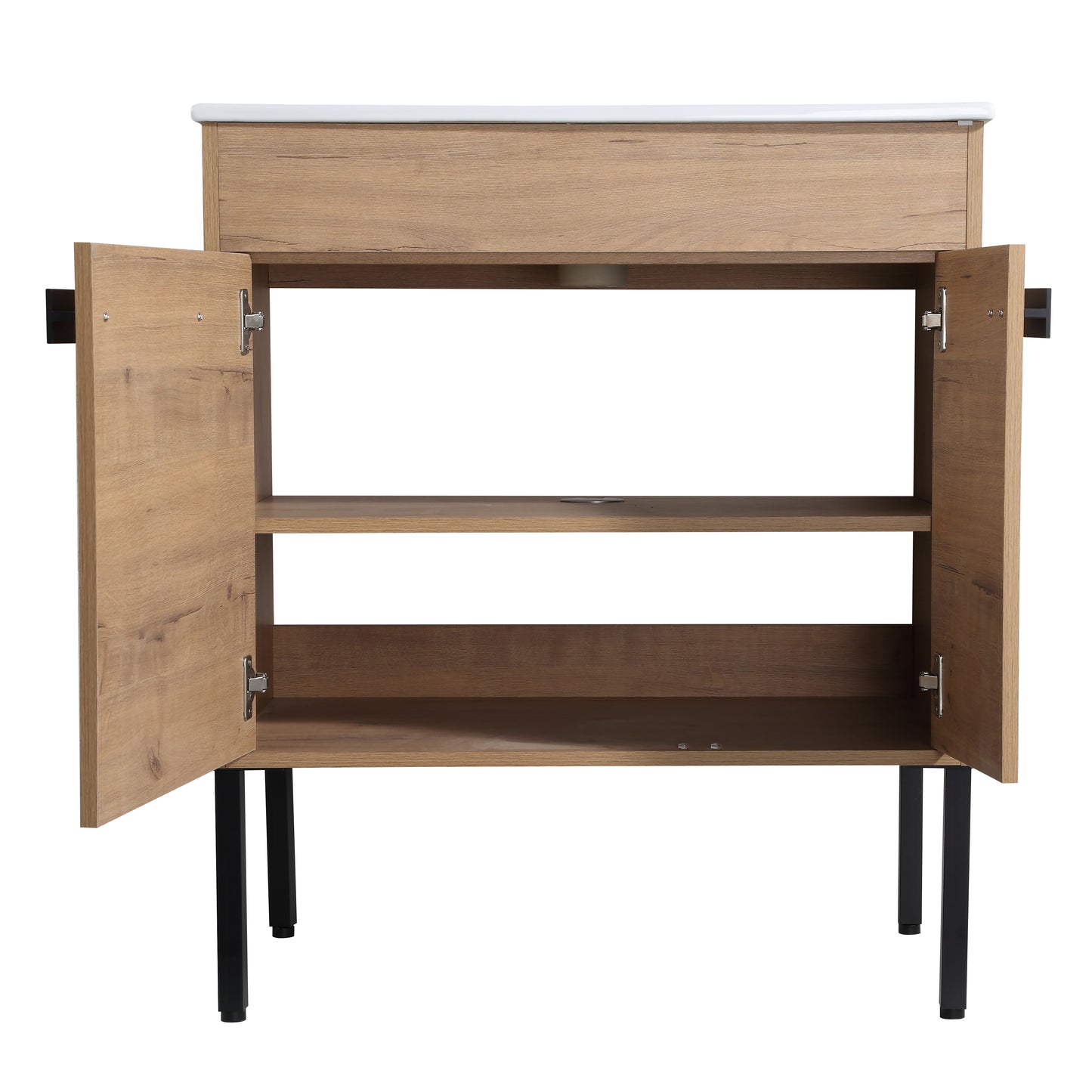 Light oak bathroom vanity with open double doors and two shelves white countertop black legs