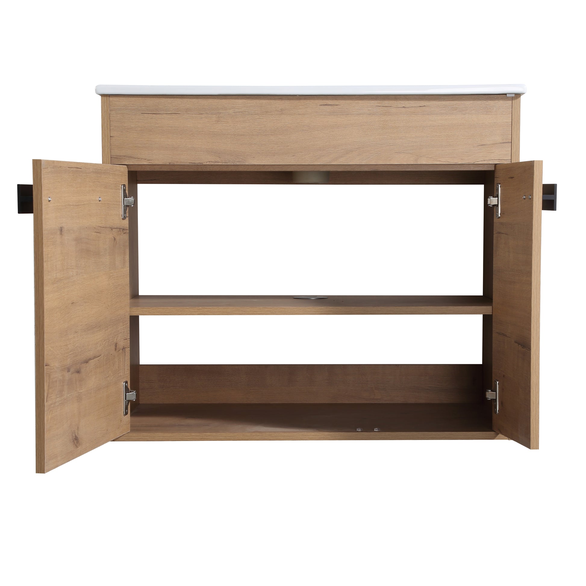 Oak veneer bathroom vanity with two open cabinet doors revealing adjustable shelves and a white countertop