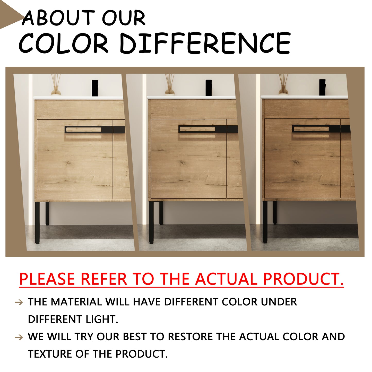 Light oak wood cabinet with black drawer pulls showing color variation due to lighting
