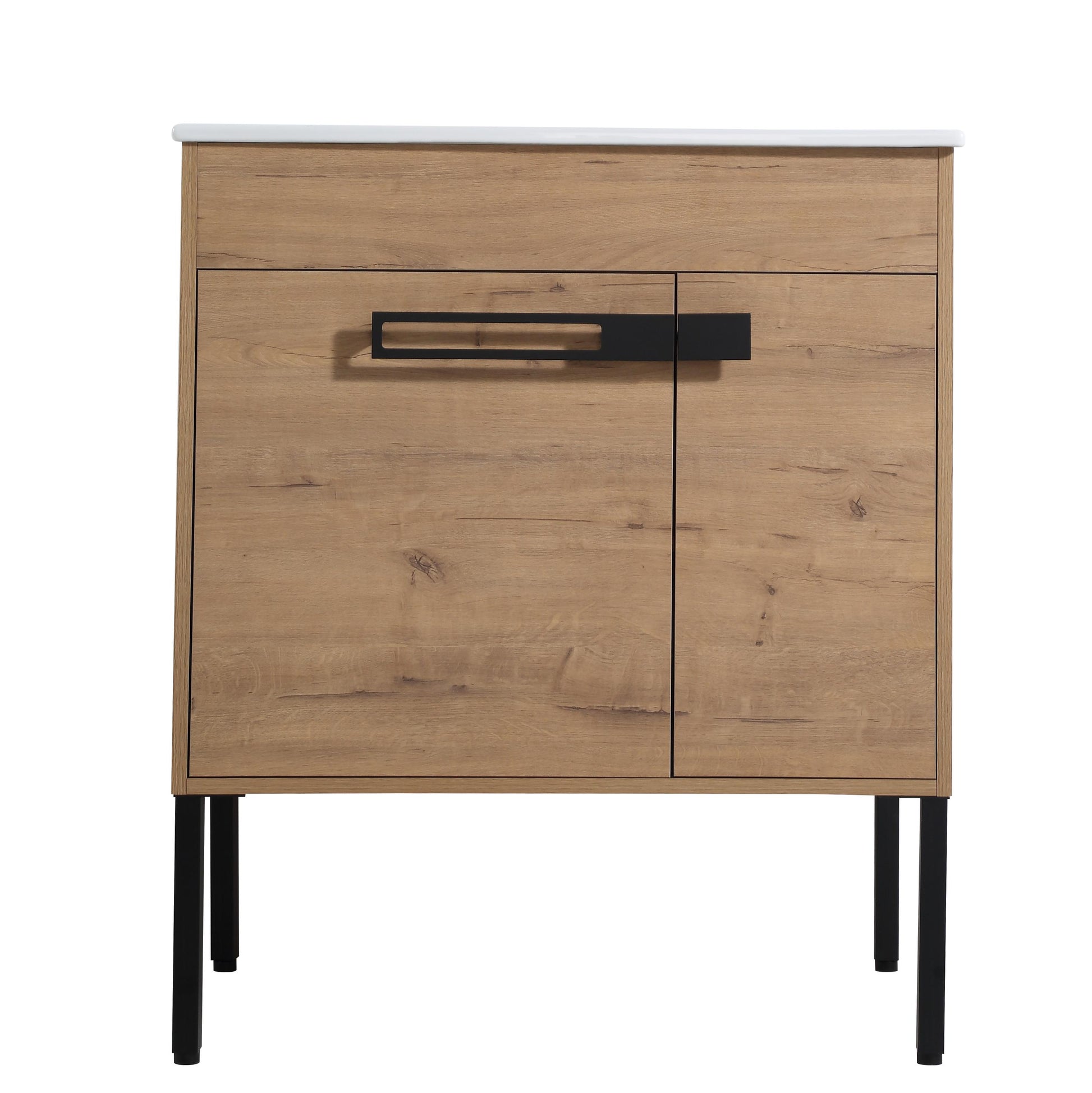 Modern oak veneer vanity with black hardware and thin metal legs