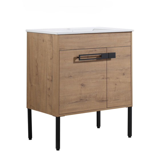 Light oak modern bathroom vanity with integrated white sink and black hardware