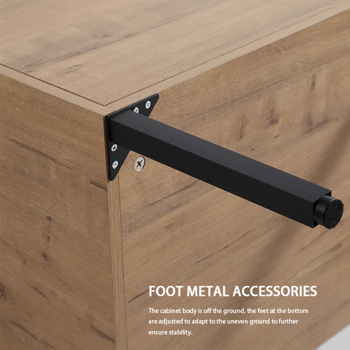Black metal furniture leg with wooden cabinet corner attachment