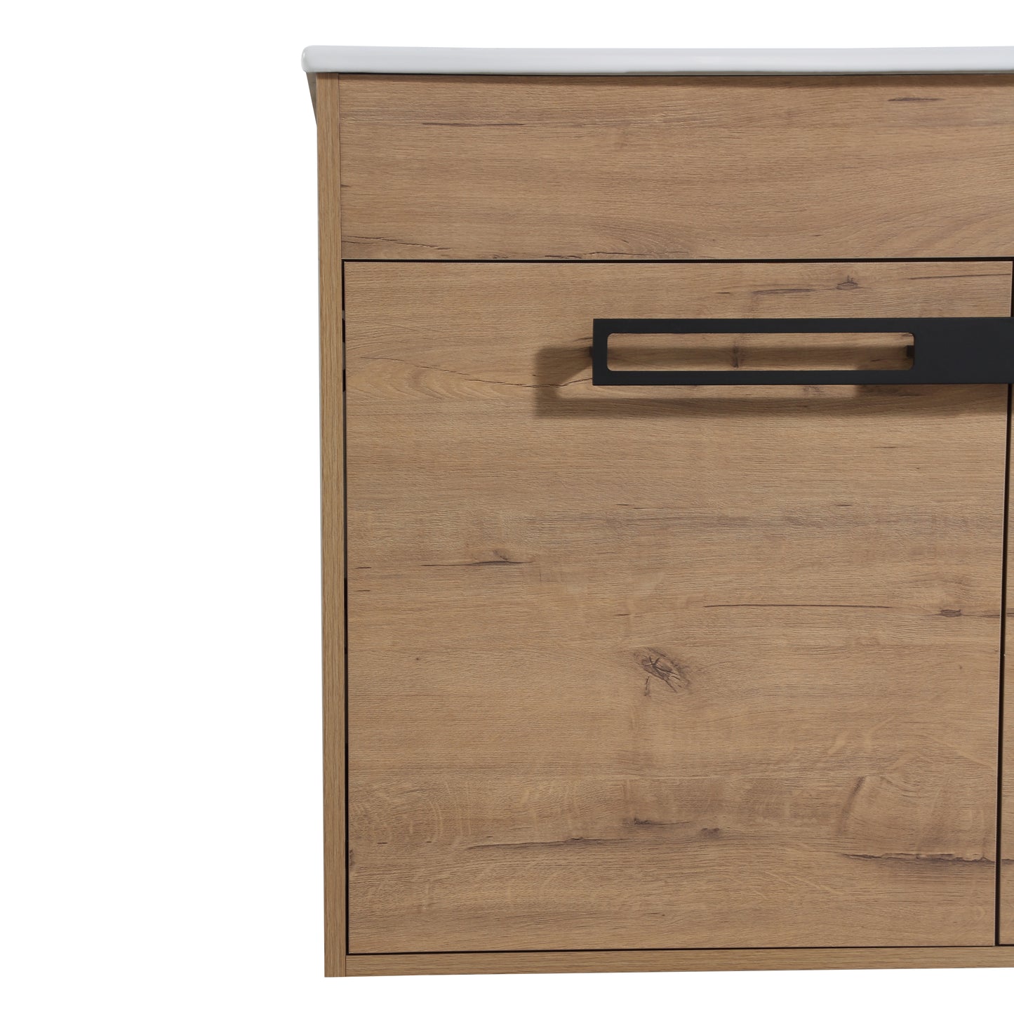 Modern oak veneer cabinet door with minimalist black handle for bathroom vanity