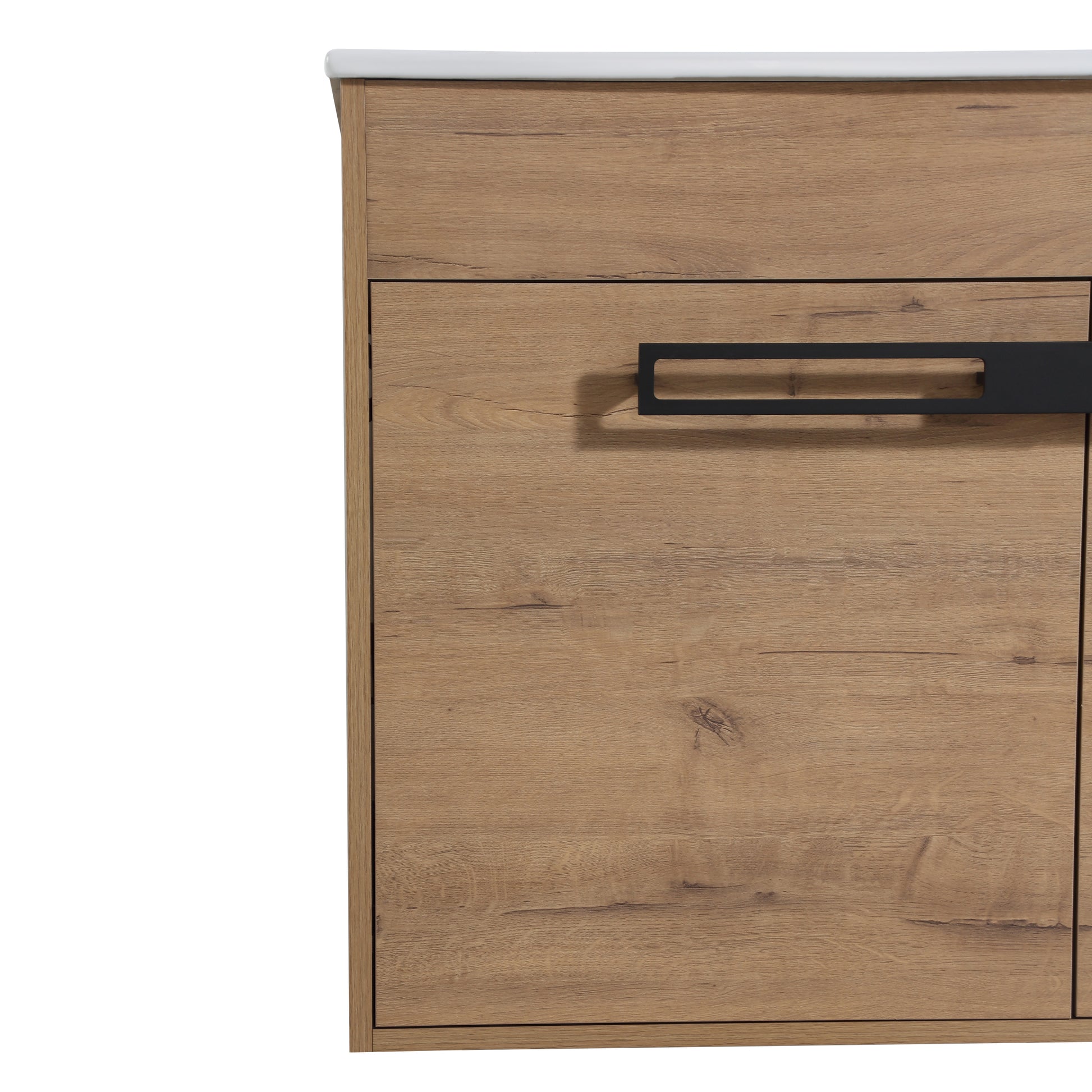 Modern oak veneer cabinet door with minimalist black handle for bathroom vanity